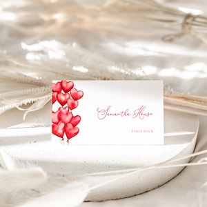 Valentine Place Card Template for Valentines Red Balloon Hearts Bridal Shower Name Card or Buffet Card | HIYA Collection