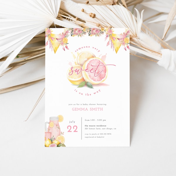 Lemon Pink Lemonade Baby Shower Invitation Template | LIMONE Collection