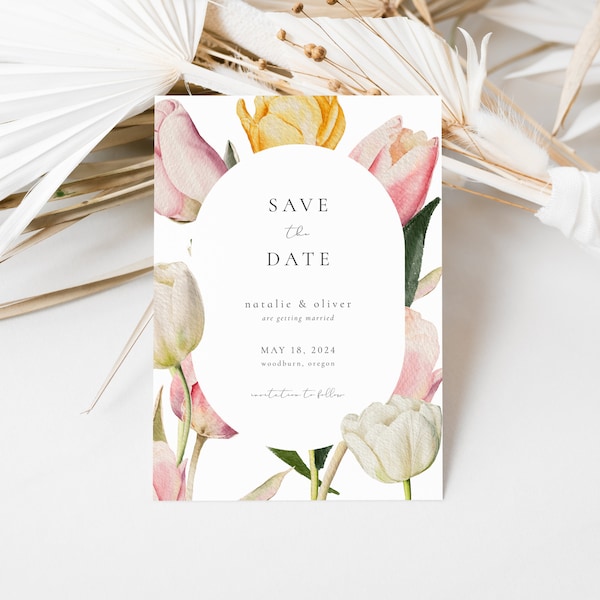 Spring Tulip Save the Date Template with Photo for Weddings | LALEH Collection