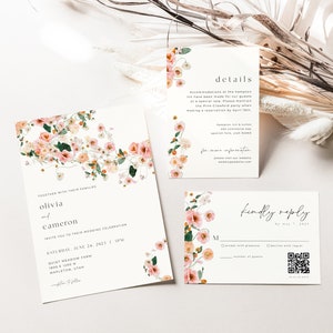 Pink and Peach Summer Floral Wedding Invitation Suite Template with Printable 5x7 Invite, RSVP Card & Details Card | MOMO Collection