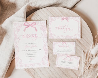 Pink Toile De Jouy Baby Shower Invitation Bundle Template for Girl Vintage Bow Chinoiserie Baby Shower Invite | ADALINE Collection