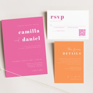 Retro Pink and Orange Wedding Invitation Suite Template with Printable 5x7 Invite, QR Code RSVP Card & Details Card | FARRAH Collection