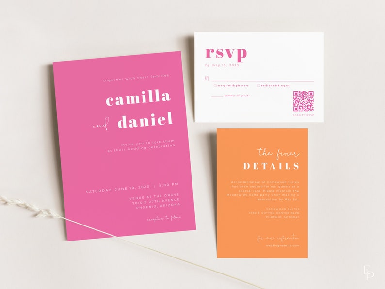 Retro Pink and Orange Wedding Invitation Suite Template with Printable 5x7 Invite, QR Code RSVP Card & Details Card FARRAH Collection image 1