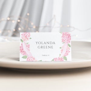 Pink Hydrangea Garden Party  Place Card Template for Pink Coastal Grandmother Bridal Shower Name Card or Buffet Card | VINCA Collection