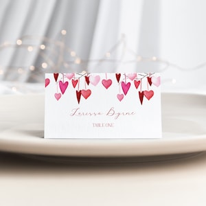 Valentines Pink and Red Hearts Place Card Template for Valentine Bridal Shower Name Card or Buffet Card | AMANDINE Collection
