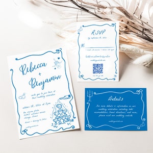 Whimsical Hand Drawn Wedding Invitation Suite Template with Printable Blue Illustrated Invite, RSVP Card & Details Card | AVENLEE Collection