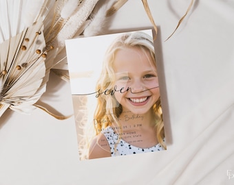 7th Birthday Invitation Template with Photo for Boy Girl Simple Modern Seven Minimalist Seventh Birthday Invite Editable | ELLIS Collection