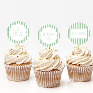 Green Baby Shower Cupcake Topper Template for Hand Drawn Green Stripes Green Baby Shower Cupcake Toppers | EDMOND Collection