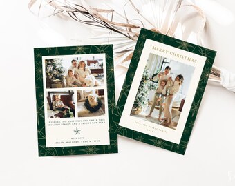 Green Christmas Photo Card Template for Modern Dark Green Gold Portrait Family Picture Holiday Card Editable Download | HARMONIA Collection