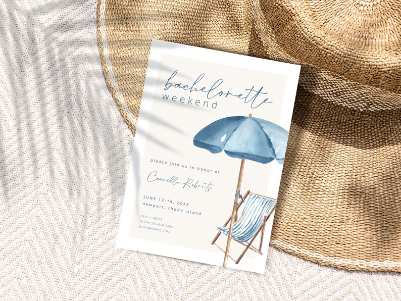 May include: A beach-themed invitation with the words "bachelorette weekend" in elegant script. The design features a watercolor illustration of a blue beach umbrella and a striped deck chair. The invitation includes details for the event, such as the date, location, and RSVP information.