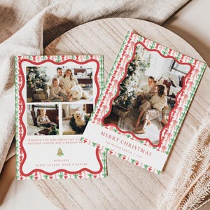 Coquette Christmas Bow Photo Holiday Card Template for Two-Sided Whimsical Red Green Pink Bow Family Photo Christmas Card | EUROA Collection