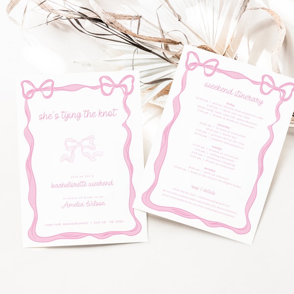 She's Tying the Knot Bachelorette Weekend Invite and Itinerary Template for Pink Bow and Ribbon Bachelorette | KNUTE Collection