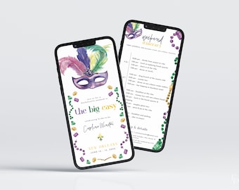 Puede incluir: Una invitación digital para un fin de semana de despedida de soltera en Nueva Orleans con un tema de Mardi Gras en morado, verde y dorado. La invitación presenta una máscara de mascarada, cuentas y el texto "Únete a nosotros para un fin de semana de despedida de soltera en el Big Easy celebrando a la futura novia Carluce Westin".