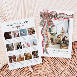 Christmas Plaid Bow Photo Holiday Card Template for Two-Sided Green and Red What a Year Photo Christmas Card | CLARENCE Collection