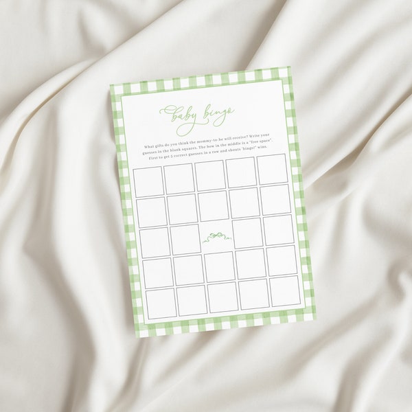 Green Gingham Baby Bingo Baby Shower Game Template for Classic Gender Neutral Baby Shower | PRESTON Collection