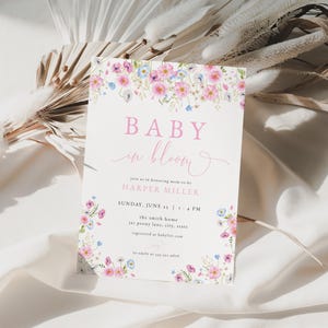Pink Baby in Bloom Baby Shower Invitation Template for Spring Wildflower Pink Girl Floral Baby Shower Invite | PENTHIA Collection