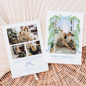 Grandmillenial Christmas Card Template for Preppy Blue Chinoiserie Bow Garland Christmas Holiday Family Photo Card | MATTIAS Collection