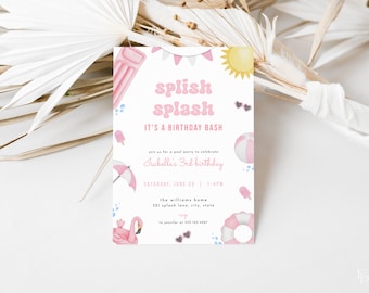 Pink Pool Party Birthday Invitation Template for Girl Summer Splish Splash Birthday Invite | SORLEY Collection