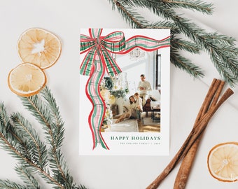 Christmas Plaid Bow Photo Holiday Card Template for Green and Red Family Photo Christmas Card | CLARENCE Collection