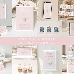 Pink One Silly Goose 1st Birthday Bundle Template for Pink Girl First Birthday Party Invitation Bundle Set | GANNET Collection