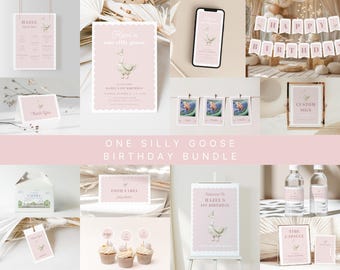 May include: A collection of pink and white birthday party decorations with a "One Silly Goose" theme. Includes invitations, signs, cupcake toppers, and water bottle labels. The image features a goose illustration and the text "Happy Birthday".