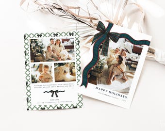 Christmas Plaid Bow Photo Holiday Card Template Editable Navy Green Red Family Photo Christmas Card Digital Download | DYLAN Collection