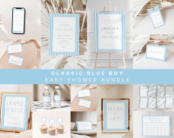 Boy Baby Shower Invitation Bundle Template Editable Classic Hand Drawn Blue Stripes Blue Baby Shower Bundle Download | EDMOND Collection