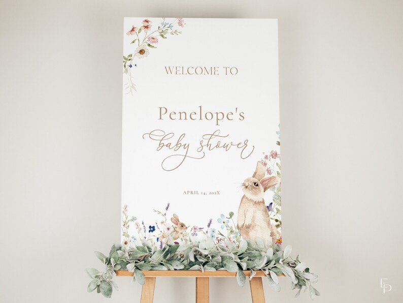 Penelope Rabbit Sign Bunny Baby Shower Welcome Sign Template Editable Easter Spring Bunny ...