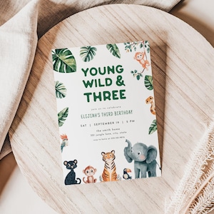 Young Wild and Three Birthday Invitation Template for Jungle Animals 3rd Birthday Jungle Third Birthday Invite | TAREK Collection