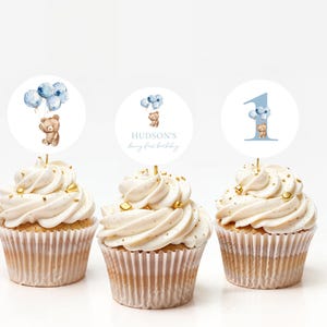 Blue Beary First Birthday Cupcake Topper Template for Balloons & Bear Boy 1st Birthday Party Cupcake Toppers | BERDINE Collection