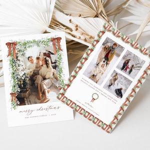 Copper Brown Bow Garland Photo Holiday Card Template for Family Photo Christmas Card | ARAMITA Collection