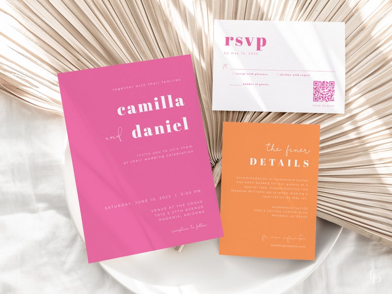 Retro Pink and Orange Wedding Invitation Suite Template with Printable 5x7 Invite, QR Code RSVP Card & Details Card FARRAH Collection image 4