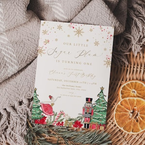 Nutcracker Ballet 1st Birthday Invitation Template for Red Little Sugar Plum Girl Winter First Birthday Invite Editable | LUCIUS Collection