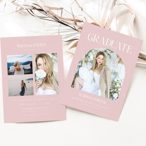 Blush Pink Arch Graduation Announcement Card Template for Boho Pink Girl Modern Multiple Photo Graduation Party Invite | ALIMA Collection