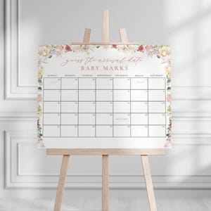 Spring Baby in Bloom Baby Shower Guess the Due Date Calendar Game Sign Template for Pink Girl Floral Baby Shower Arrival | BETONY Collection