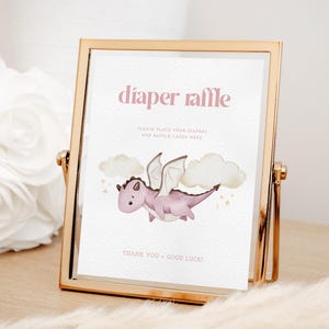 Pink Mythical Dragon Diaper Raffle Baby Shower Sign Template for Girl Dragon Custom Sign | BORUTA Collection