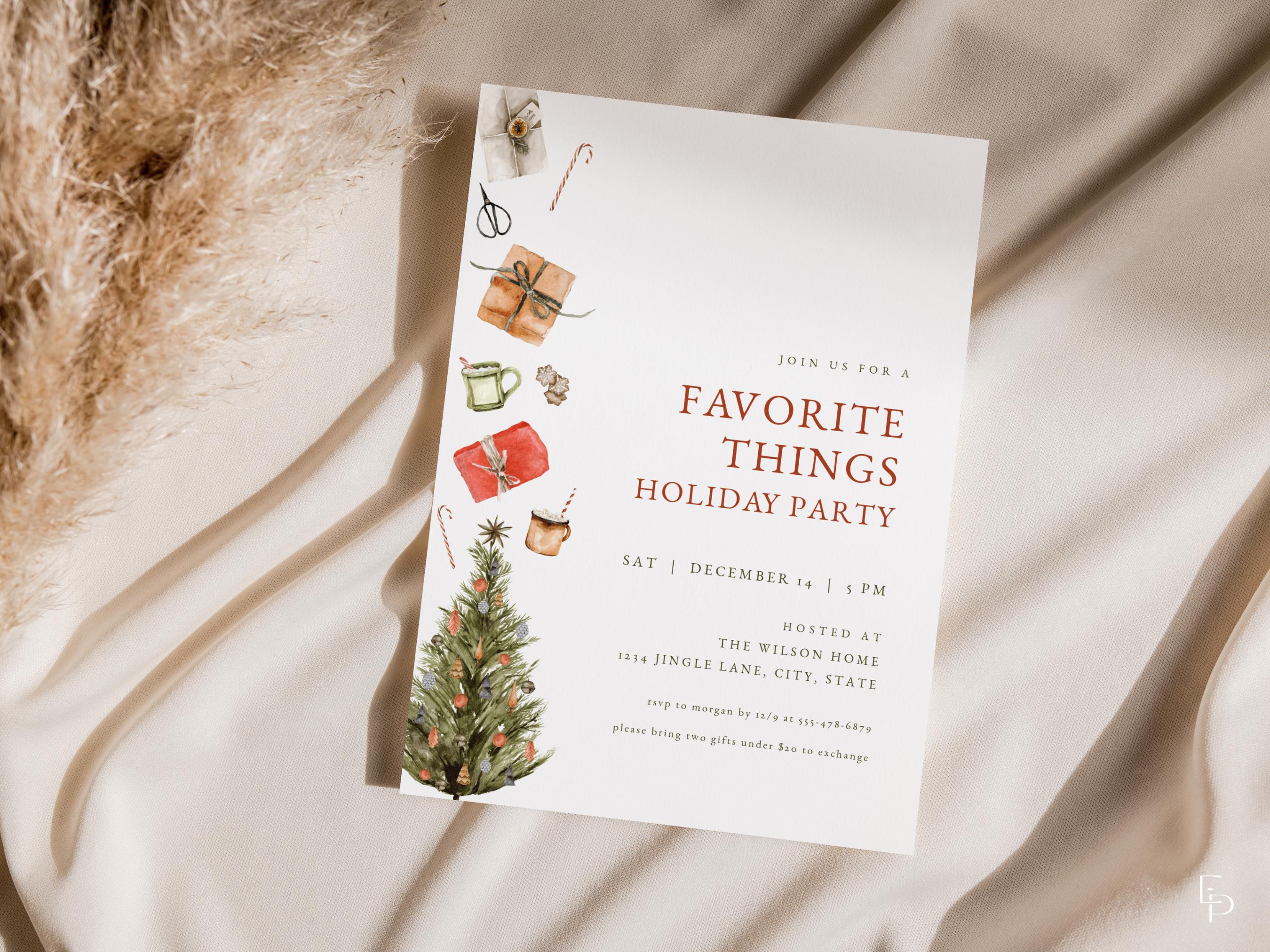 Christmas Favorite Things Party Invitation Template for Christmas Tree & Gift Favorite Things Holiday Party Invite | TANNEN Collection