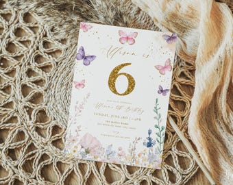 Butterfly Birthday Invitation Template for Gold Pastel Floral Garden Butterfly Girl 6th Birthday Invite Editable Download | VANNA Collection