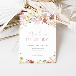 Girl Floral First Birthday Invitation Template for Flower 1st Birthday Party Invite | JESSAMY Collection