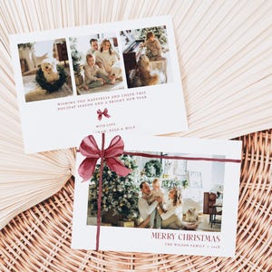 Christmas Red Bow Photo Holiday Card Template for Two-Sided Red Gift Wrapped Family Photo Landscape Christmas Card | CHRISTOPHER Collection