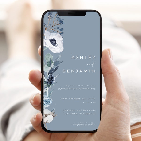 Modern Dusty Blue Floral Digital Wedding Invitation Template for Wedding Evites | ATASI Collection