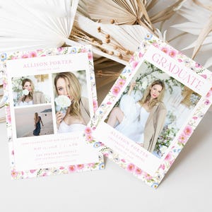 Pink Flower Graduation Announcement Card Template for Girl Pastel Pink Floral Multiple Photo Graduation Party Invite | PALESA Collection