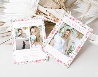 Pink Flower Graduation Announcement Card Template for Girl Pastel Pink Floral Multiple Photo Graduation Party Invite | PALESA Collection