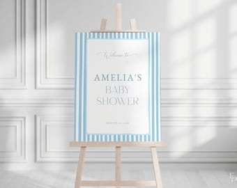 Boy Baby Shower Welcome Sign Template for Classic Hand Drawn Blue Stripes Blue Baby Shower Welcome Poster | EDMOND Collection
