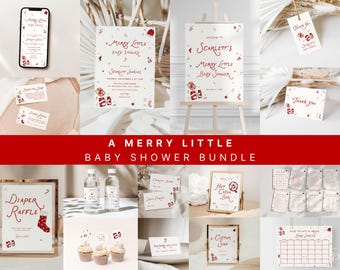 May include: A Merry Little Baby Shower bundle featuring white paper stationery with red holiday-themed illustrations of gifts, stockings, and ornaments. Includes invitations, welcome signs, diaper raffle cards, thank you tags, and game sheets with red text.