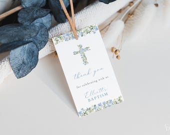 Blue Floral Cross Baptism Favor Tag Template for Printable Boy Christening Favor Tags | STAVROS Collection
