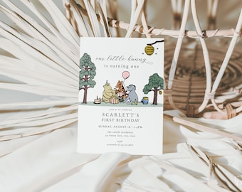 Classic Winnie the Pooh Birthday Invitation Template for Pooh Little Hunny Pink Girl 1st Birthday Party Invite | ERNEST Collection