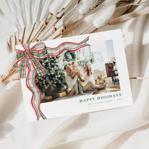 Christmas Plaid Bow Photo Holiday Card Template for Landscape Red and Green Ribbon Family Photo Christmas Card | CLARENCE Collection