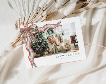 Christmas Plaid Bow Photo Holiday Card Template for Landscape Red and Green Ribbon Family Photo Christmas Card | CLARENCE Collection