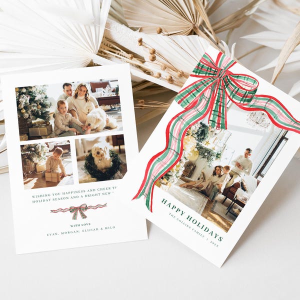 May include: A Christmas card featuring a red, green and white plaid bow and ribbon. The card includes a family photo with the text "Happy Holidays" and "The Gallant Family | 2023".